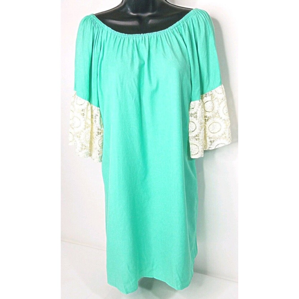 Umgee Womens Mint Green Lace Bell Sleeve Off Shoulder Boho Tunic Dress Sz S